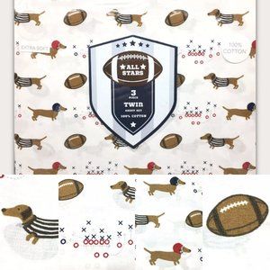 3pc Dachshund Dog Football TWIN Sheet Set Red Blue Uniform All Stars Kids Cotton